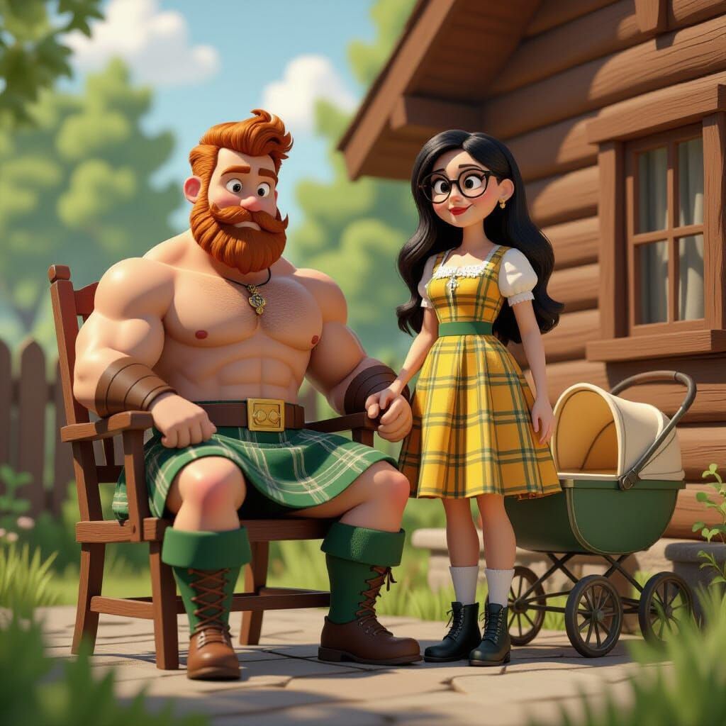Muscular Man in Kilt Beside Woman with Pram