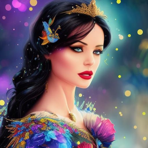 Hyperrealistic Snow White Portrait with Colourful Birds