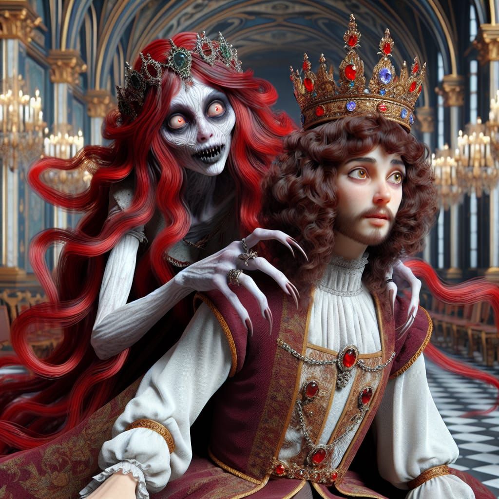 Eerie Jester Creeping Up on King in Palace