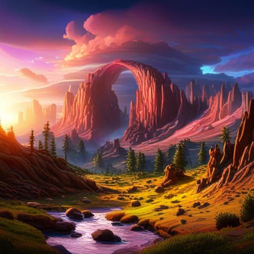 Psychedelic Rainbow Landscape in Detailed Matte Painting