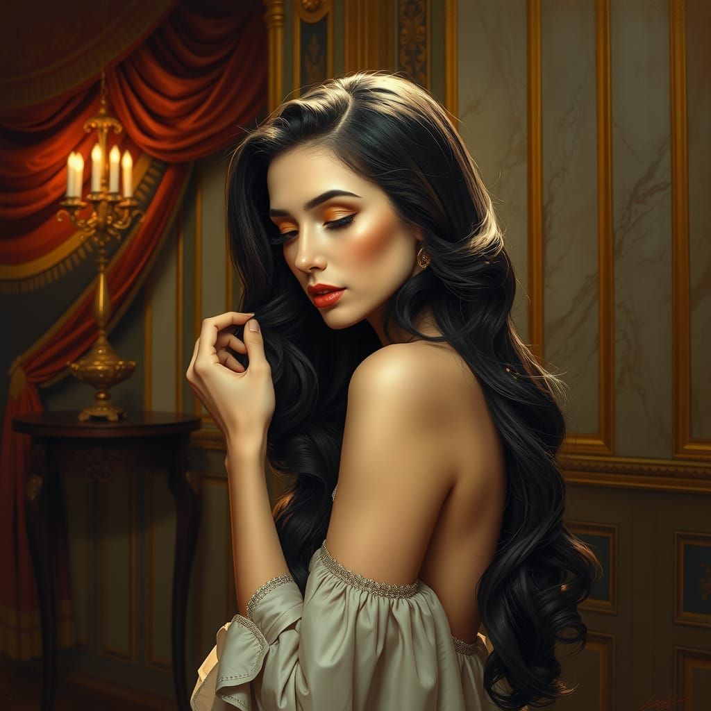 Elegant Woman Fixing Hair in Classical Realism Style