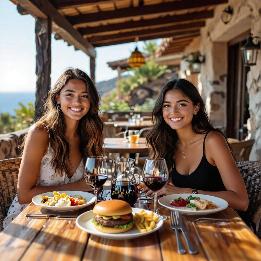 Girls Enjoying Lunch on Sunny Restaurant Terrace