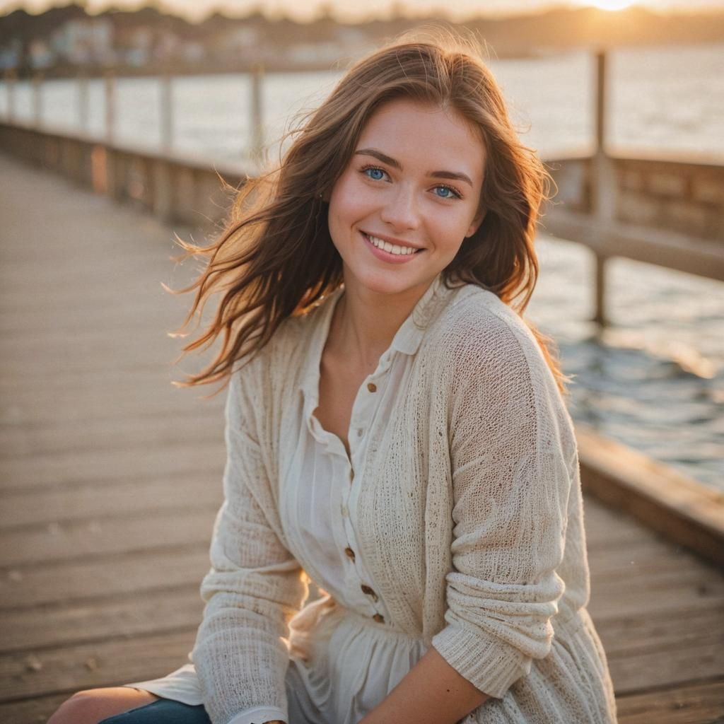 Smiling Brunette on Ocean Pier at Golden Hour