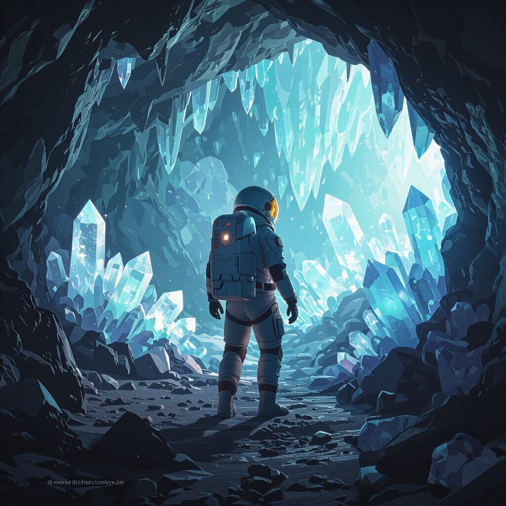 Astronaut Explores Alien Cavern With Glowing Crystals