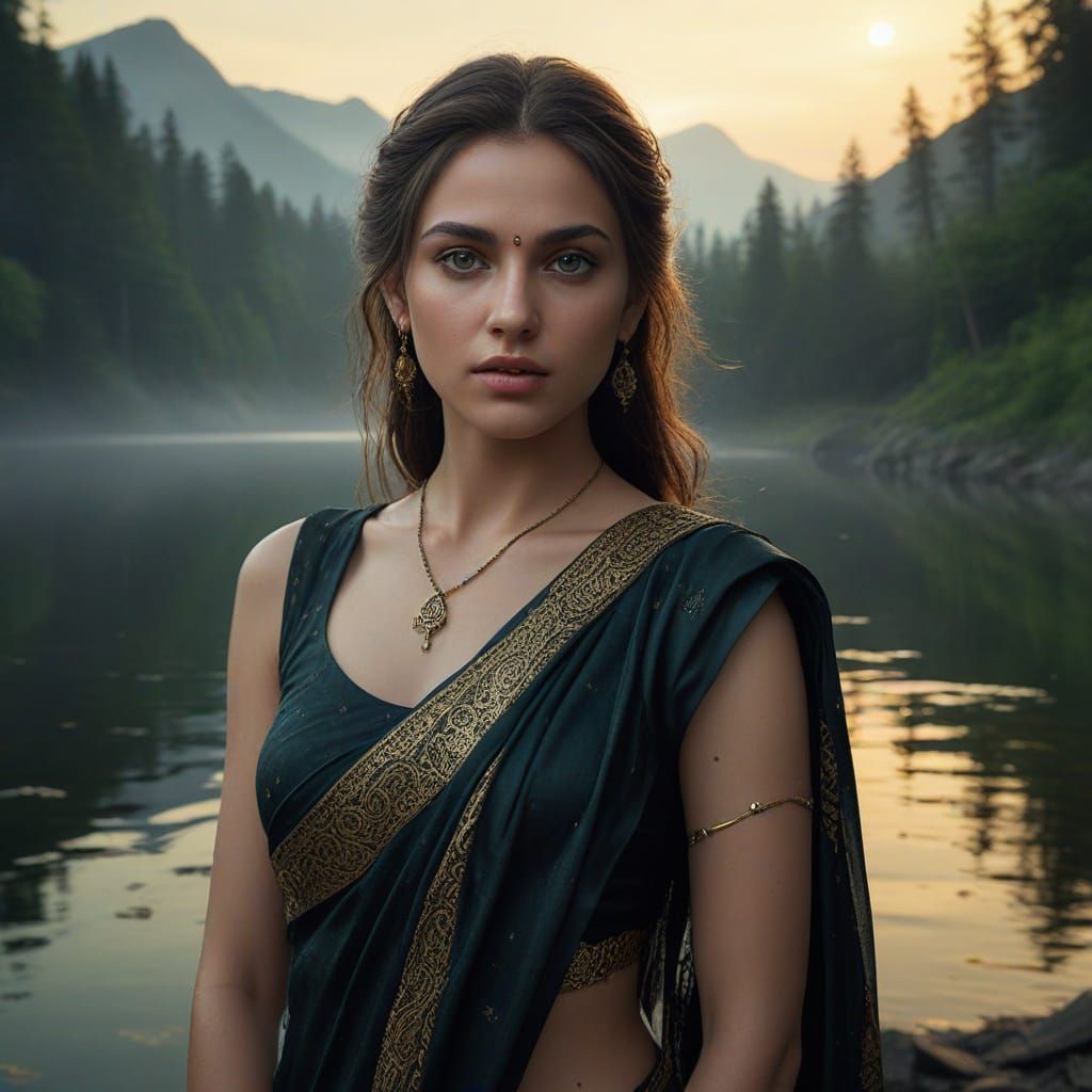 Indian Aphrodite in Mountain Forest Lake