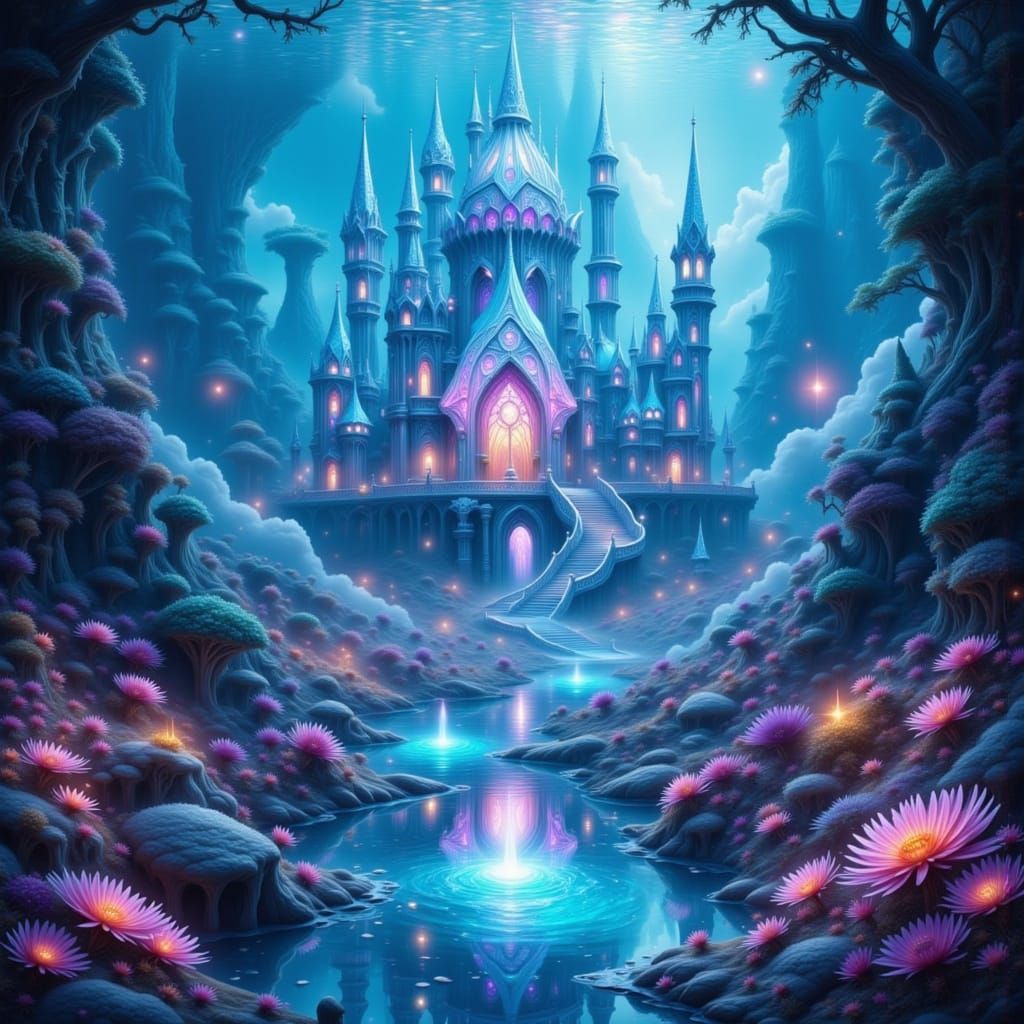 Underwater Crystal Castle Amidst Bioluminescent Reef