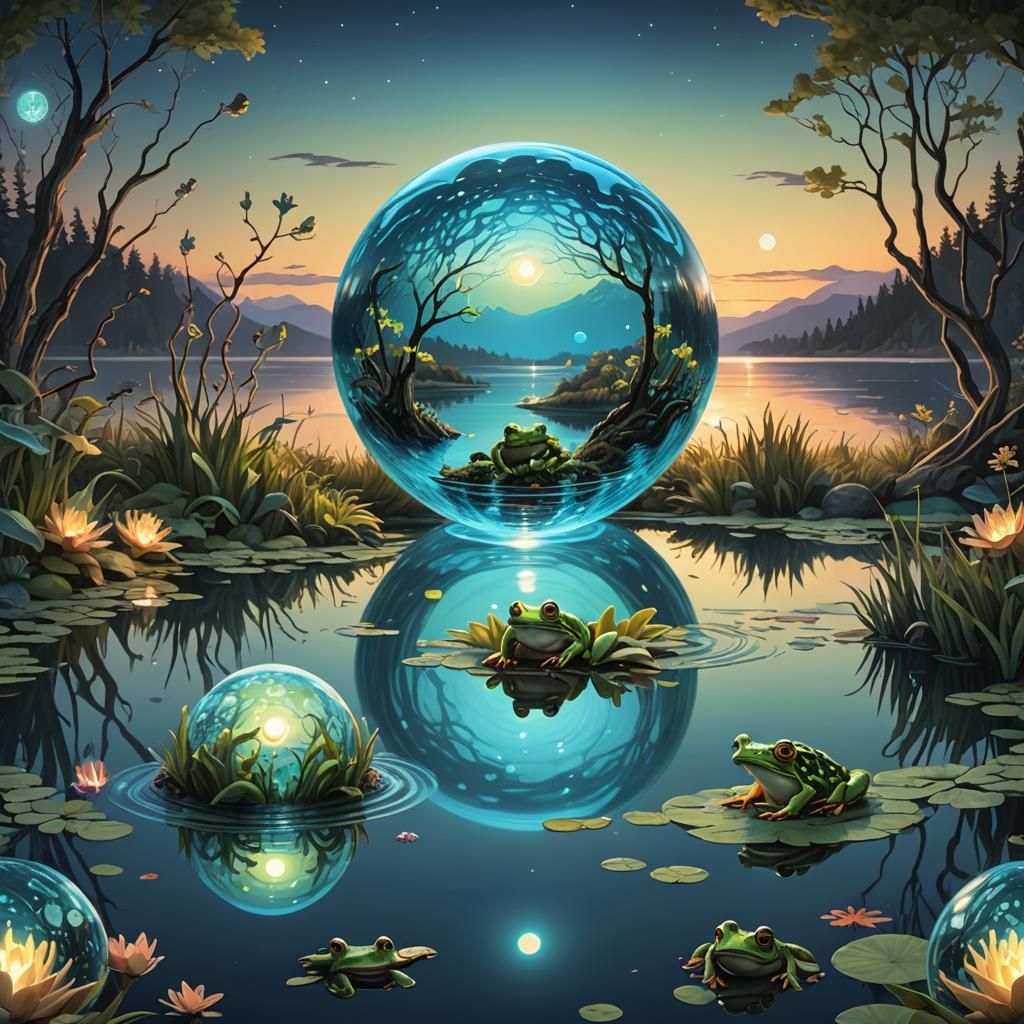 Mother Nature Orb Reflected in Bioluminescent Lakeside