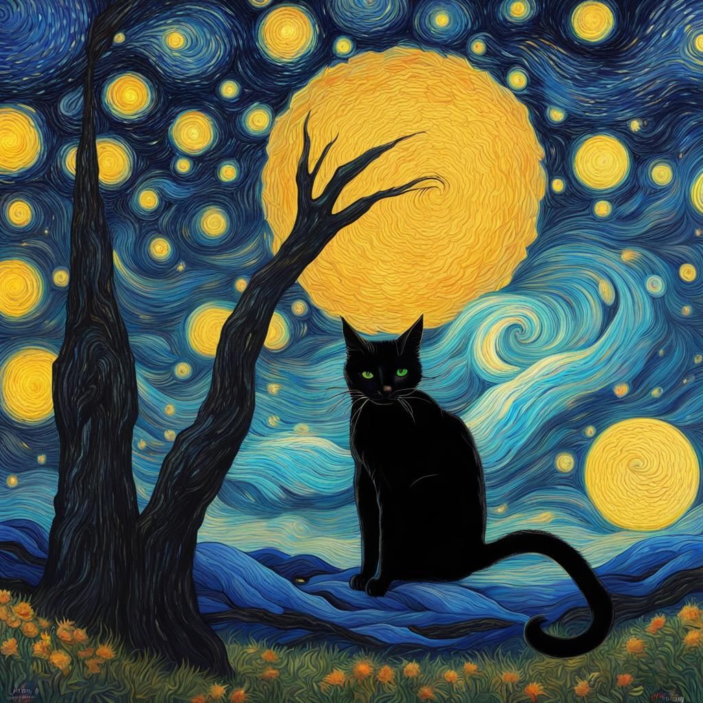 Black Cat in Starry Night, Post-Impressionist Style