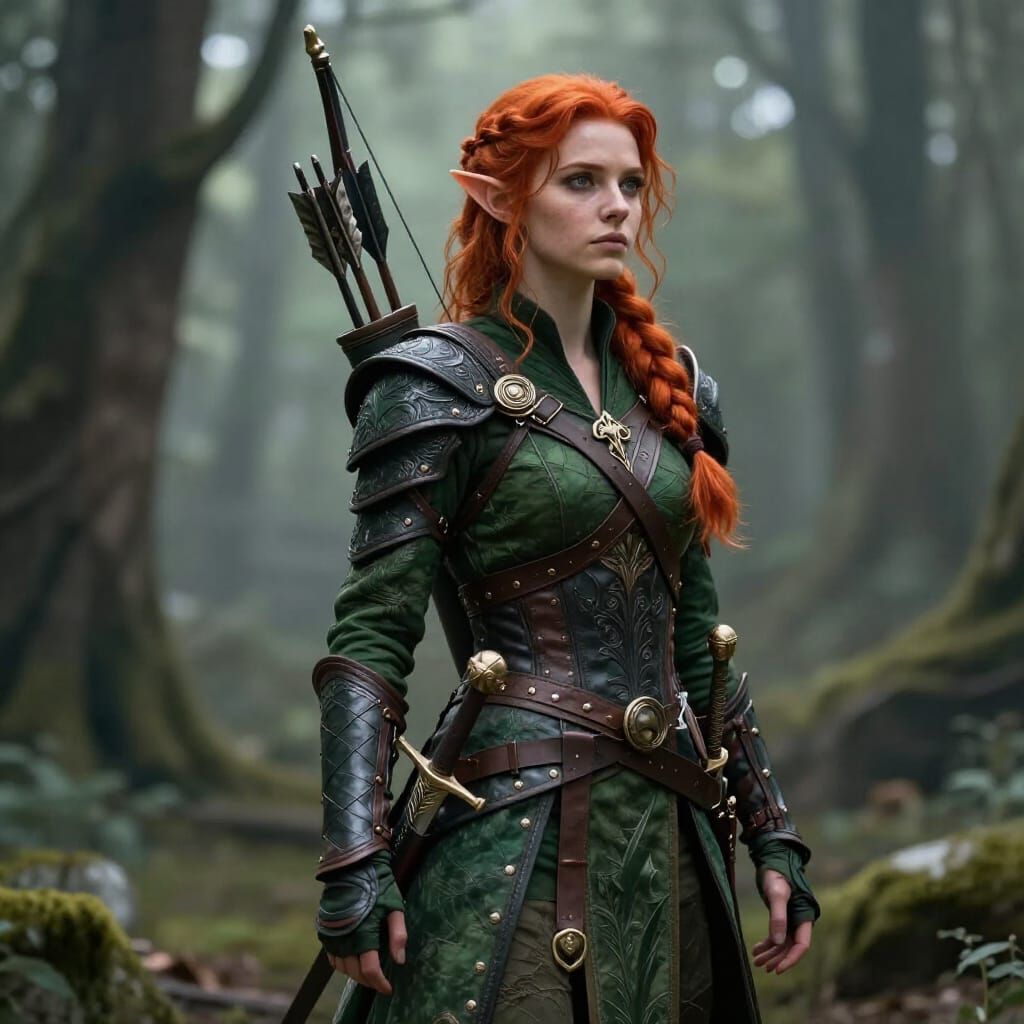 Female Elf Ranger with Red Hair and Elven Gear