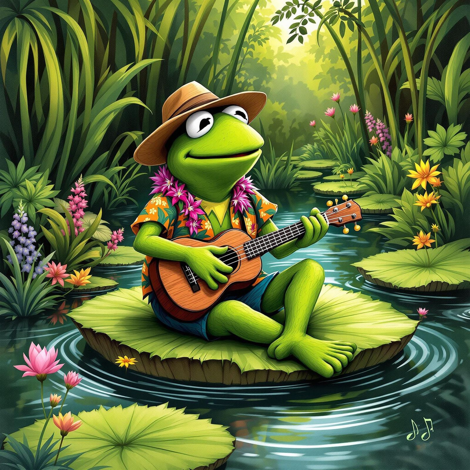 Kermit the Frog Plays Ukulele in Swamp Illustration
