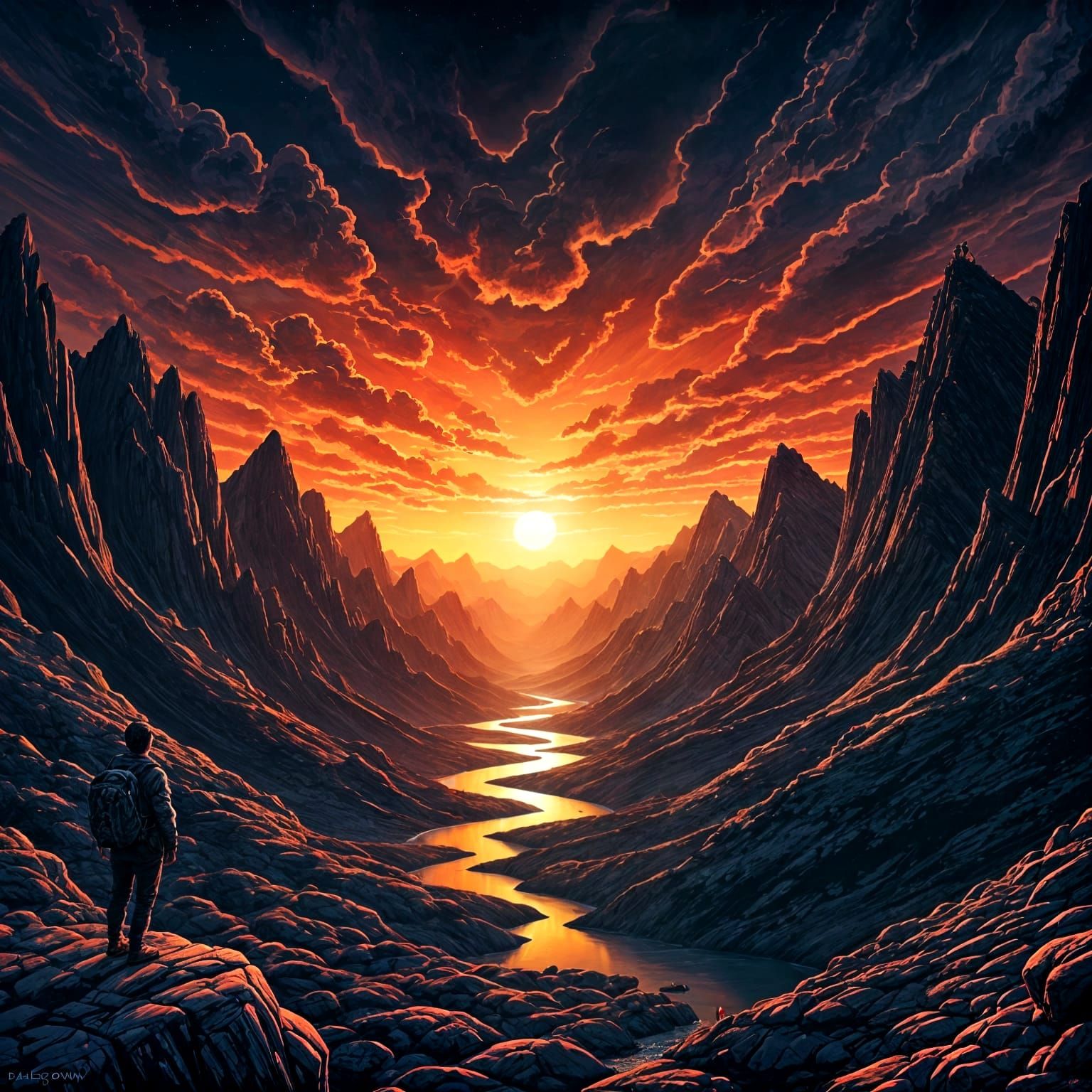 Dramatic Sunset Over Rugged Mountain Landscape