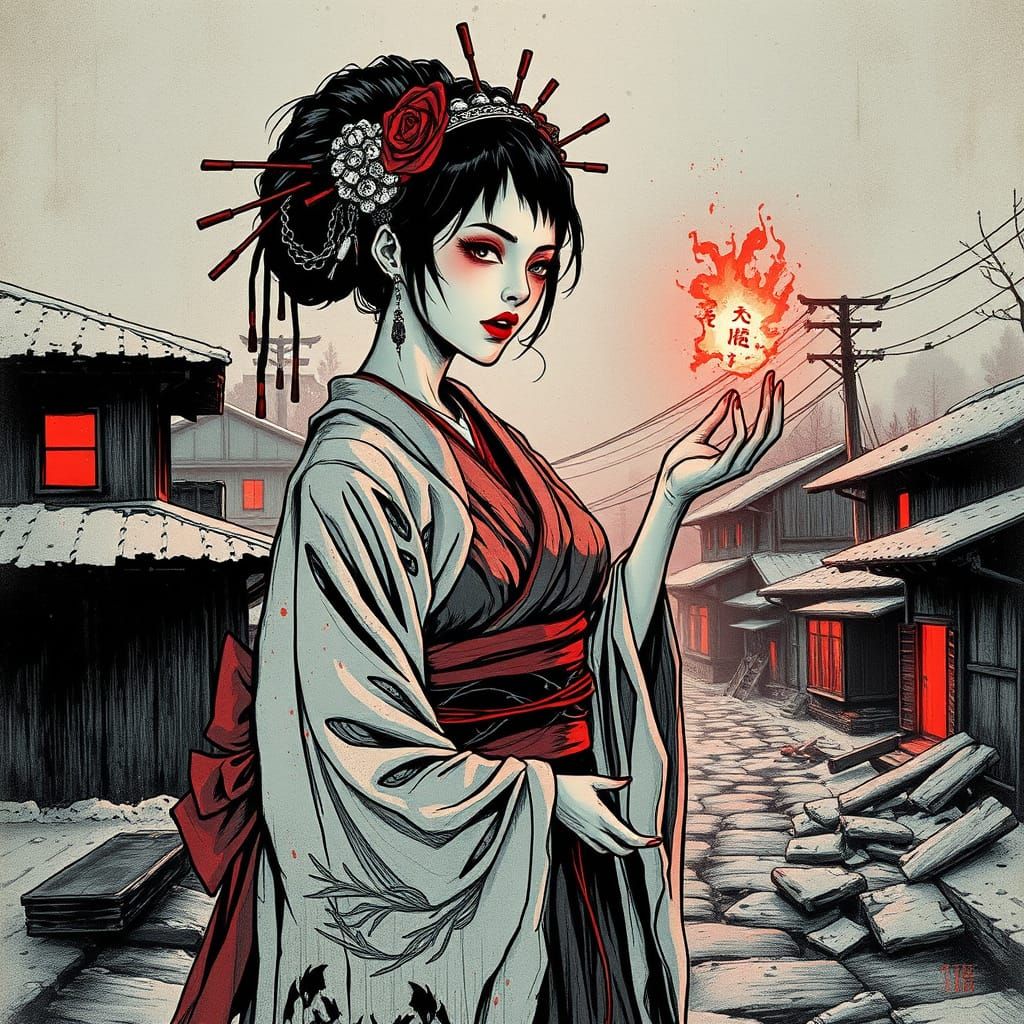 Cyberpunk Geisha Goddess in Grim, Gothic Ruins