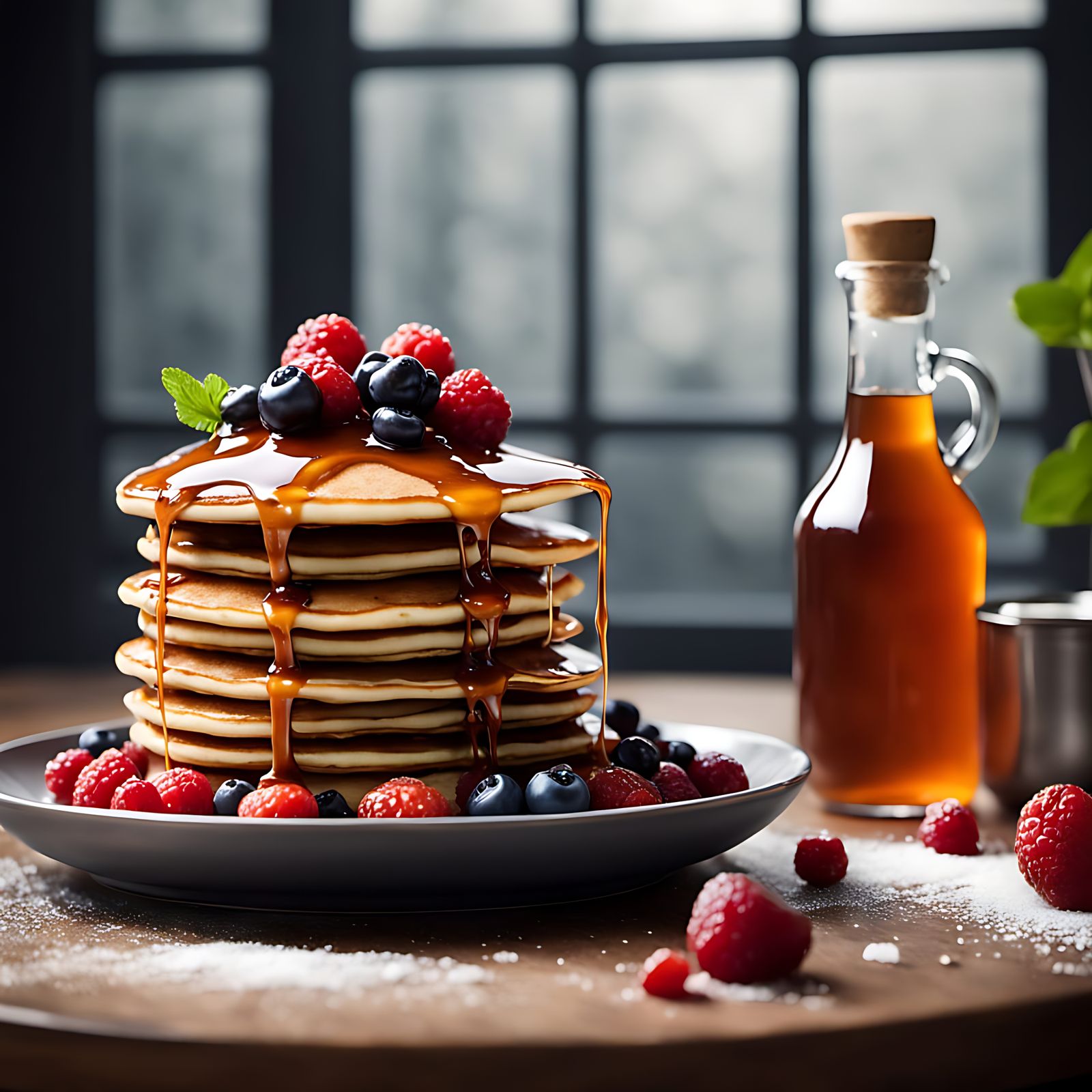 Gourmet Pancakes with Berries in Moody Lighting