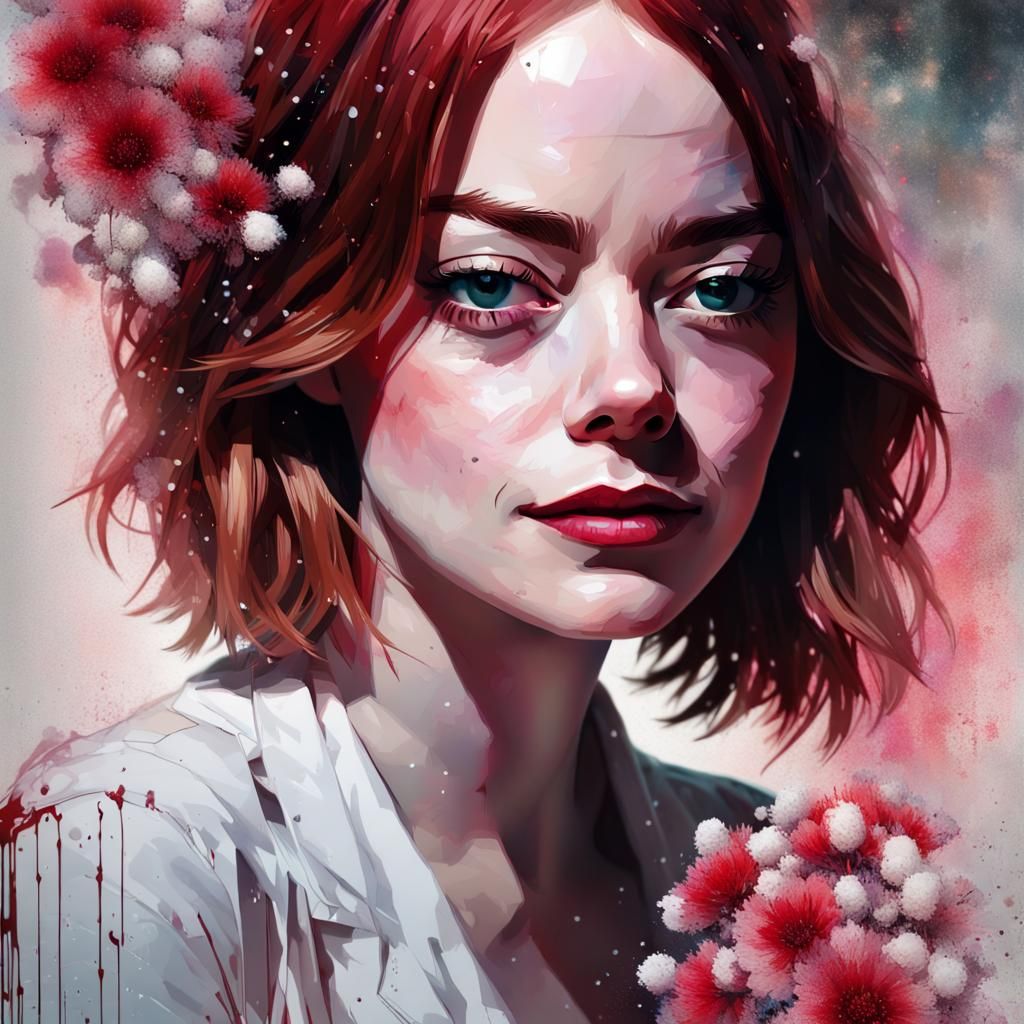 Emma Stone Portrait with Flowers in Grunge Style