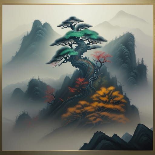 Elegant Dragons in Misty Mountains, Guo Xi Style Ink Paintin...