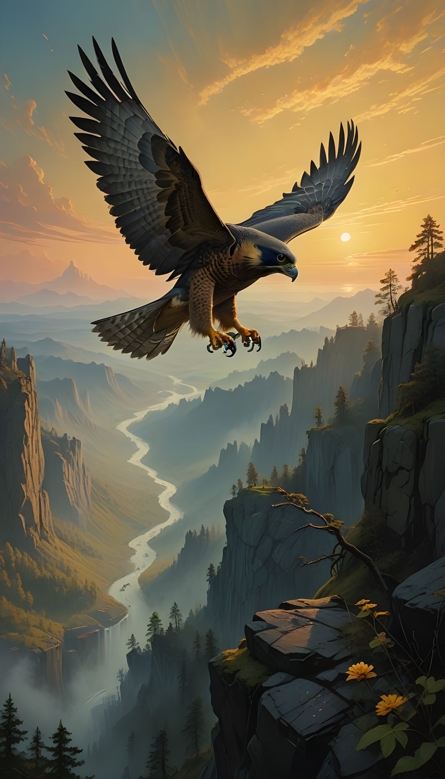 Majestic Falcon Soars Above Golden Canyon Ruins
