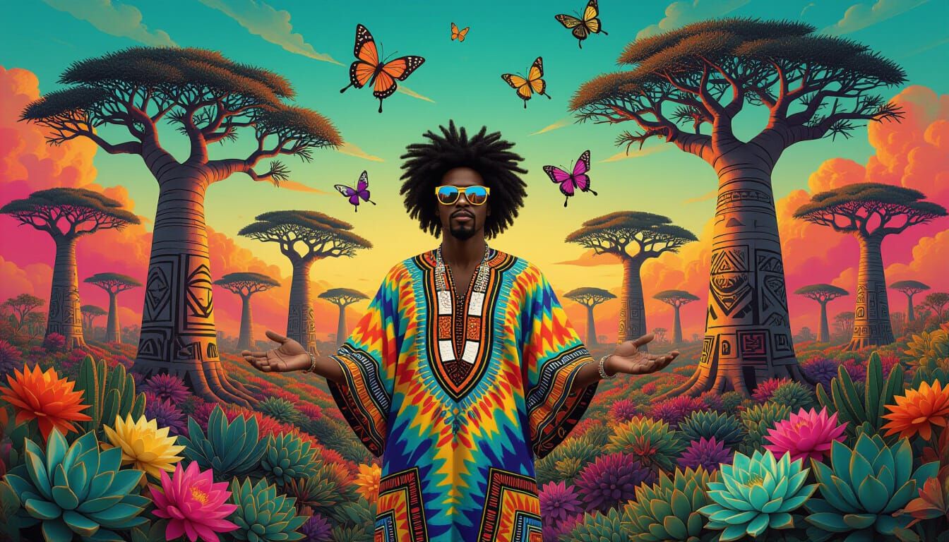 Afrofuturist Character in Hallucinogenic Garden