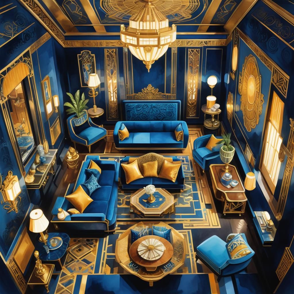 Maximalist Art Deco Interior in Gouache Watercolor