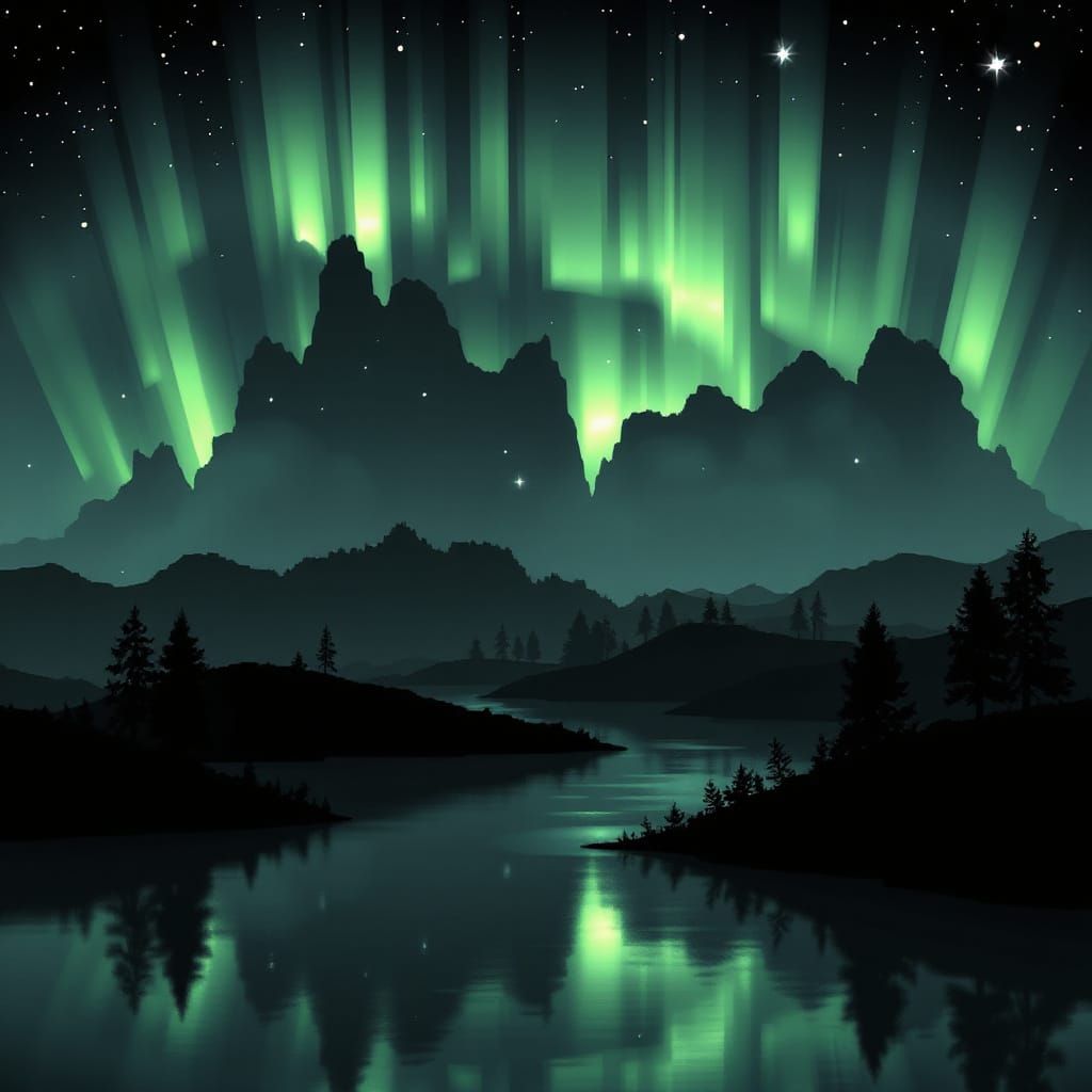 8-bit Aurora Landscape in Black and Grey