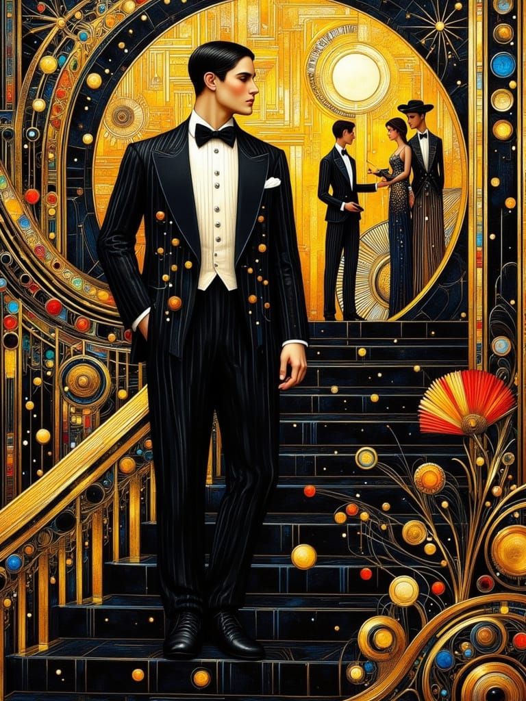 Grand Art Deco Scene with Elegant Gentleman and Roaring Twen...