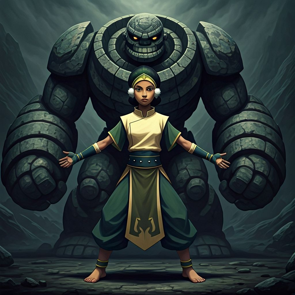Toph Beifong and Stone Golem in Dark Fantasy Style