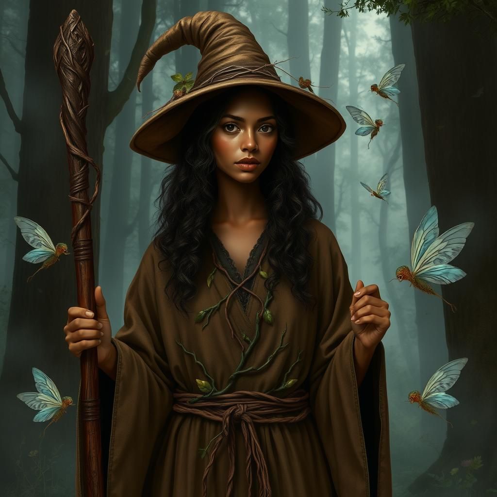 Mystical Forest Witch Surrounded by Fairies and Dryads