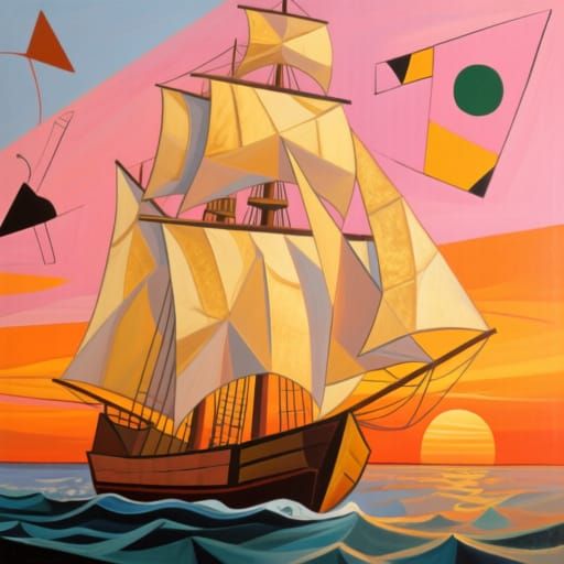 Cubist Sailing Ship at Sunset