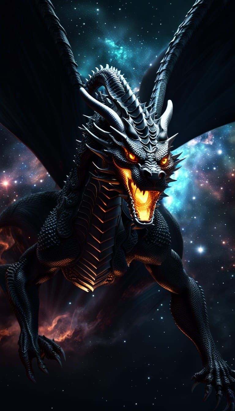 Colossal Black Dragon God Flying Through Space