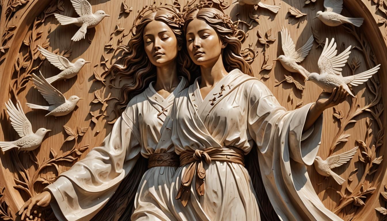 Wooden Sculpture of Woman Gliding in Sepia Sky