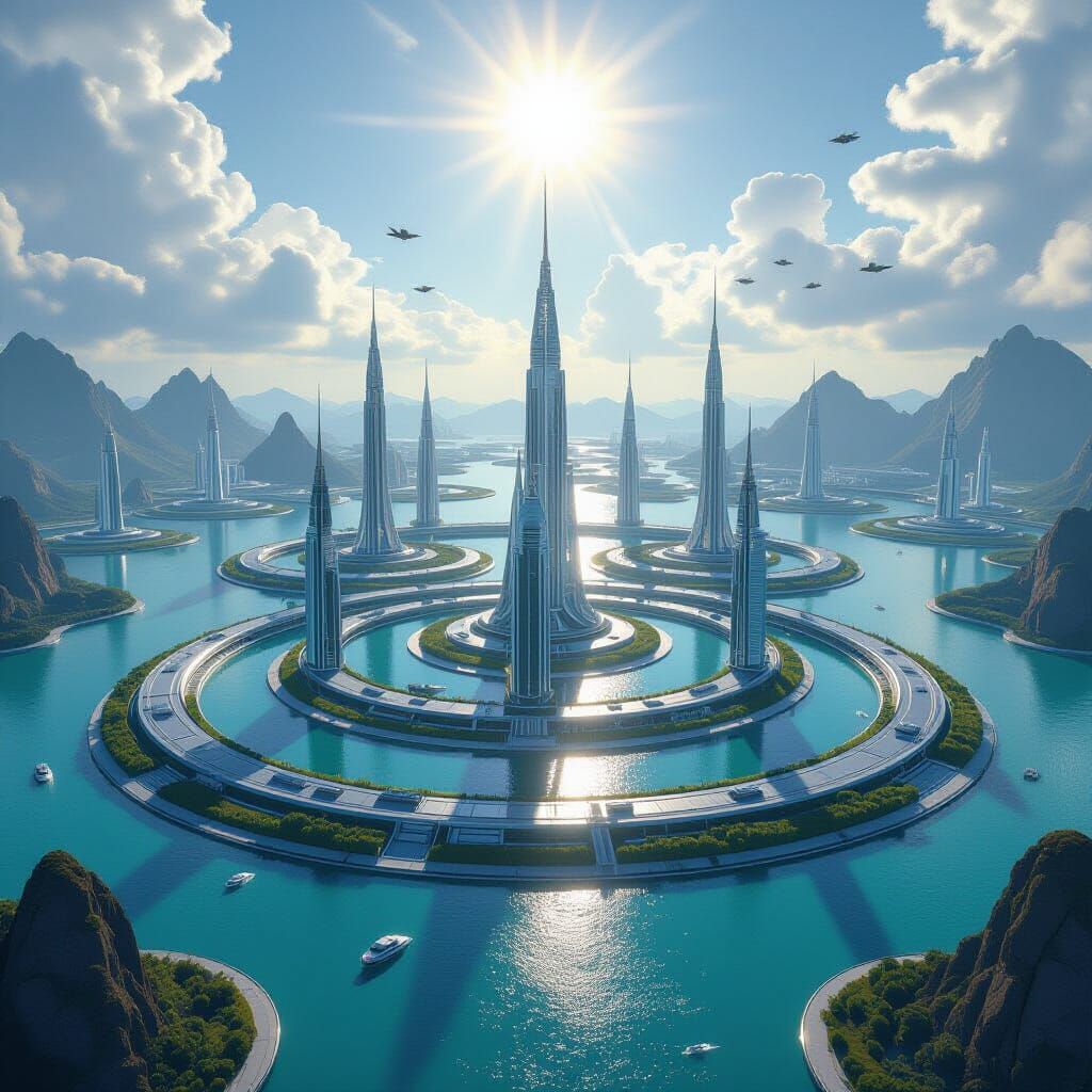 Futuristic Island City Panorama in Matte Painting Style