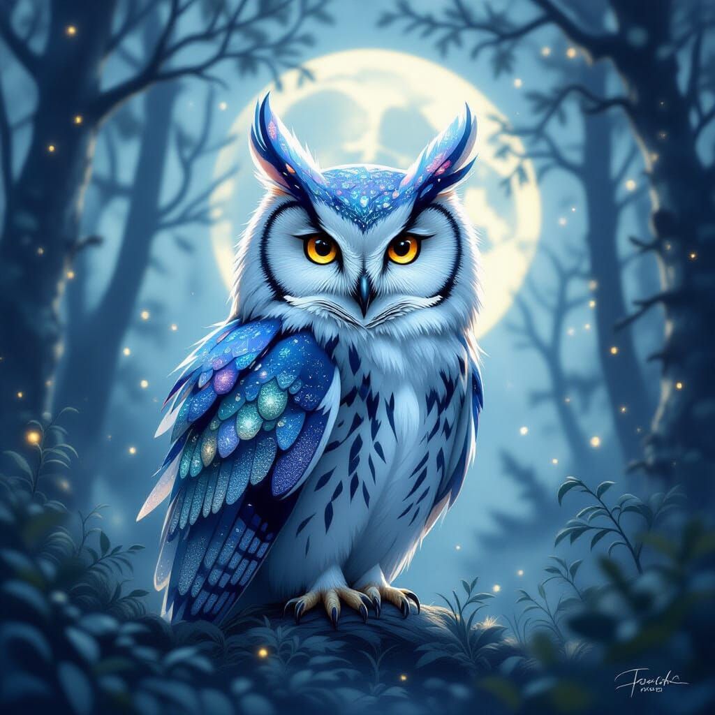 Mystical Owl in Moonlit Forest with Celestial Feathers