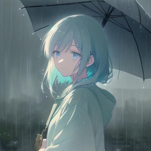 Anime Girl in Rain: Soft Pastel Watercolor