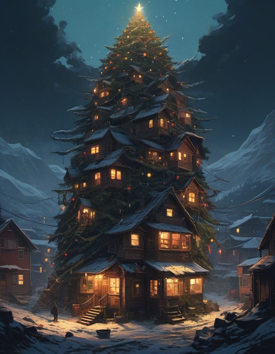 Christmas Tree Made of Houses in Dark City