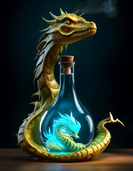 Bioluminescent Dragon in Steampunk Bottle: Game Concept Art