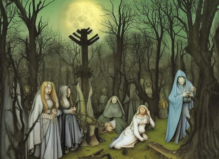 Brides of Frankenstein in Cemetery, Dark Fantasy Art