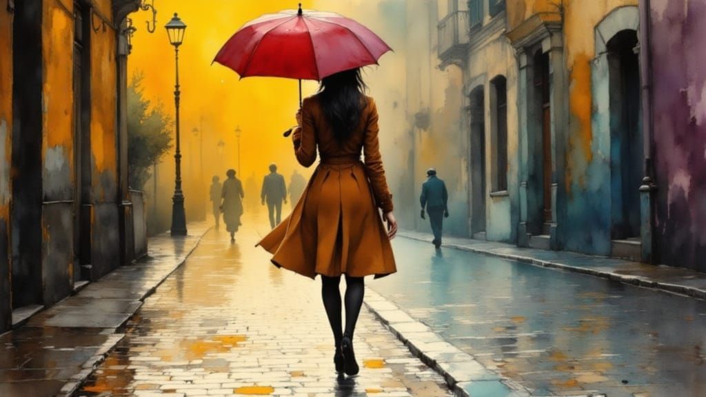 Ethereal Woman Emerging from Rainy Streets in Golden Light