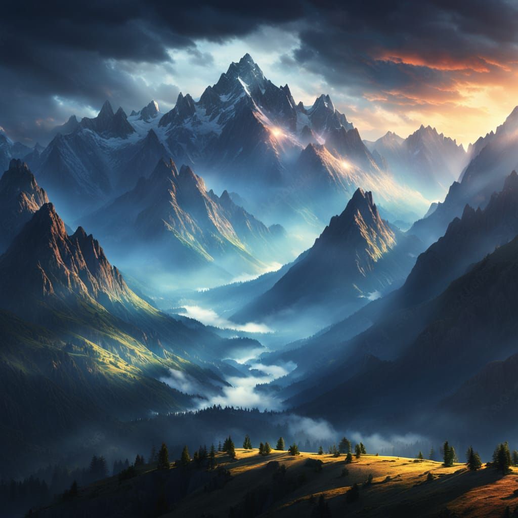 Majestic Sunrise Over Misty Mountains in Digital Matte Paint...