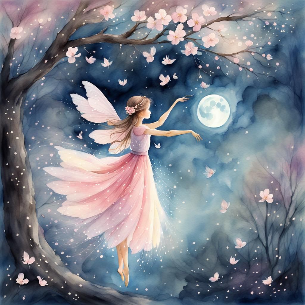 Cherry Blossom Fairy Dancing in Moonlight, Watercolor