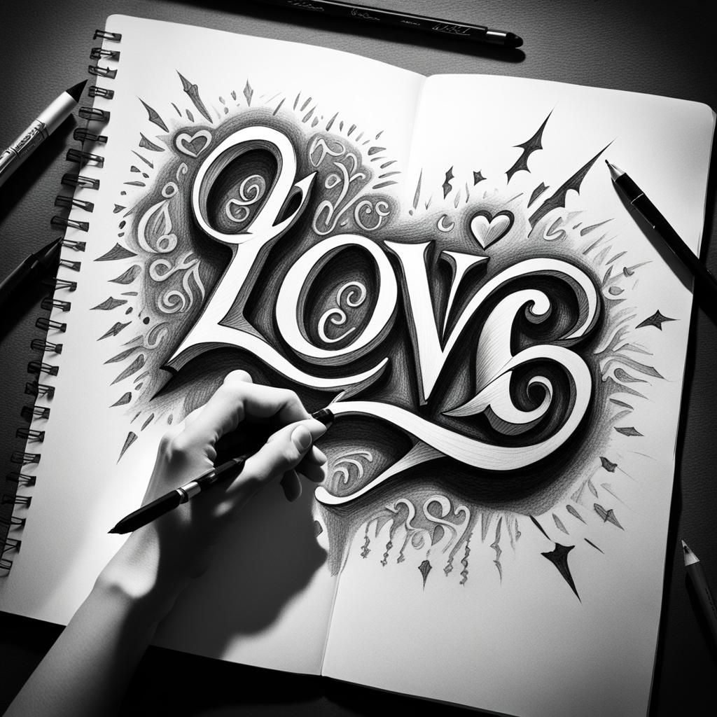 Hand Writes Love with Magic Pen in Pencil Sketch