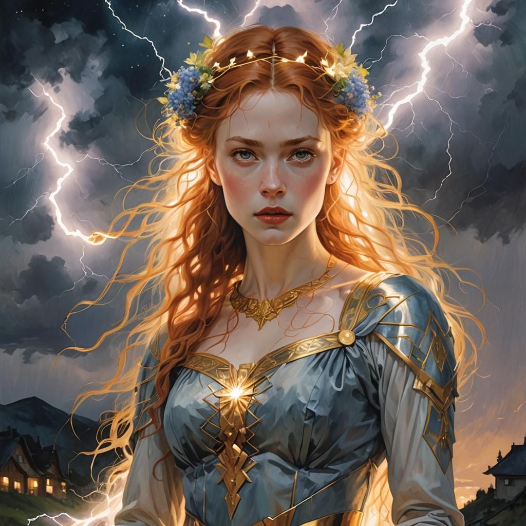 Nordic Goddess Portrait with Lightning in Starry Night