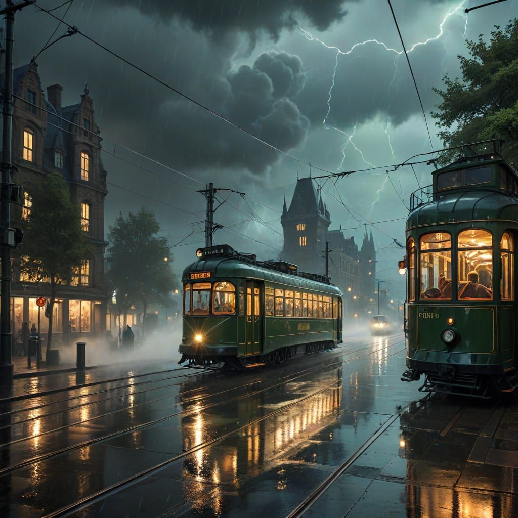 Rotterdam Tram in Stormy Night as Digital Painting