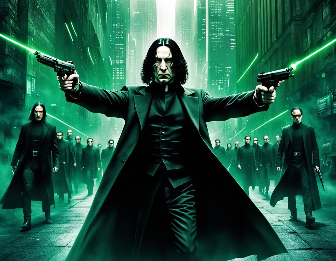 Severus Snape as Neo inside the Matrix, defeating multiple Agent Smith clones, cyberpunk, street art, poster art, dynami...