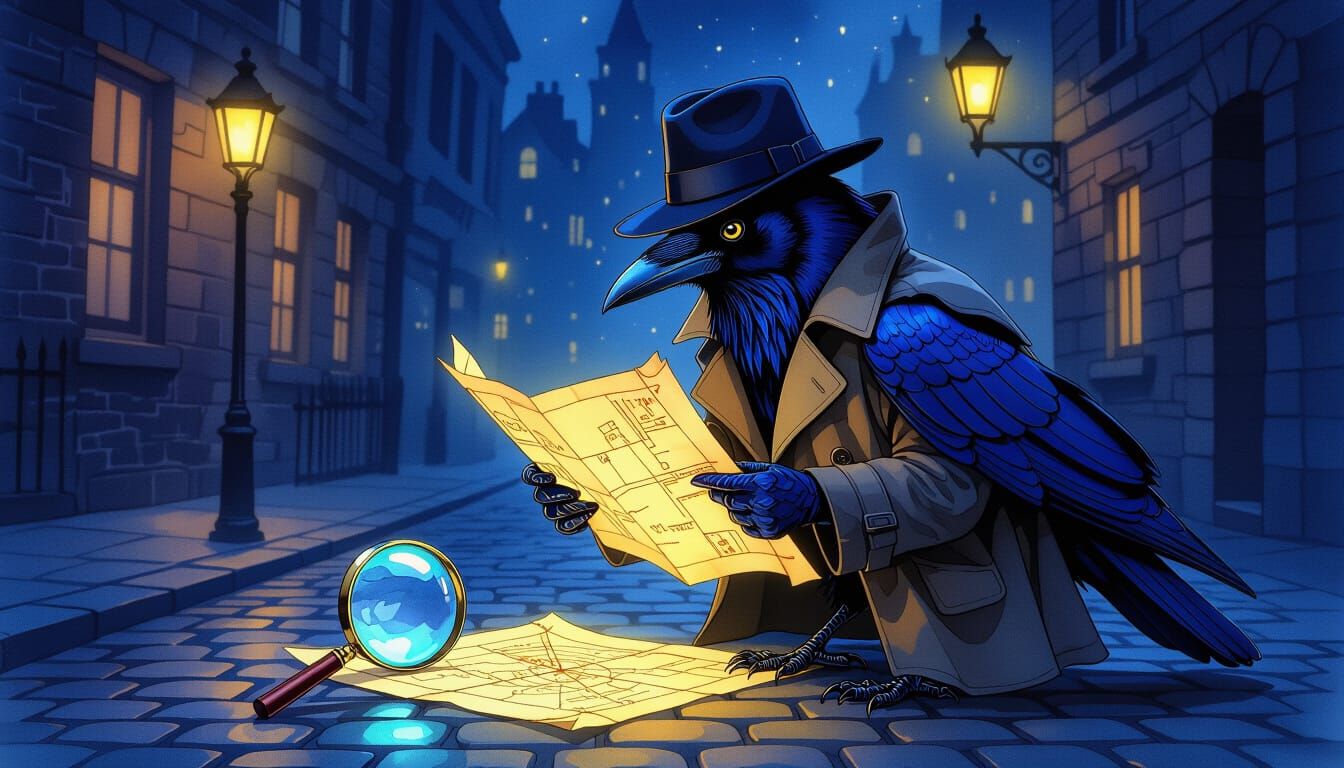 Crow Detective in Noir Cityscape, Alcohol Ink Style