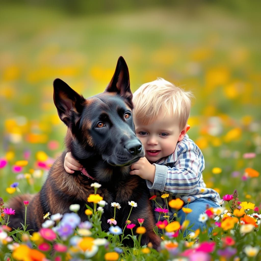 Belgian Malinois and Boy Play in Whimsical Floral Field