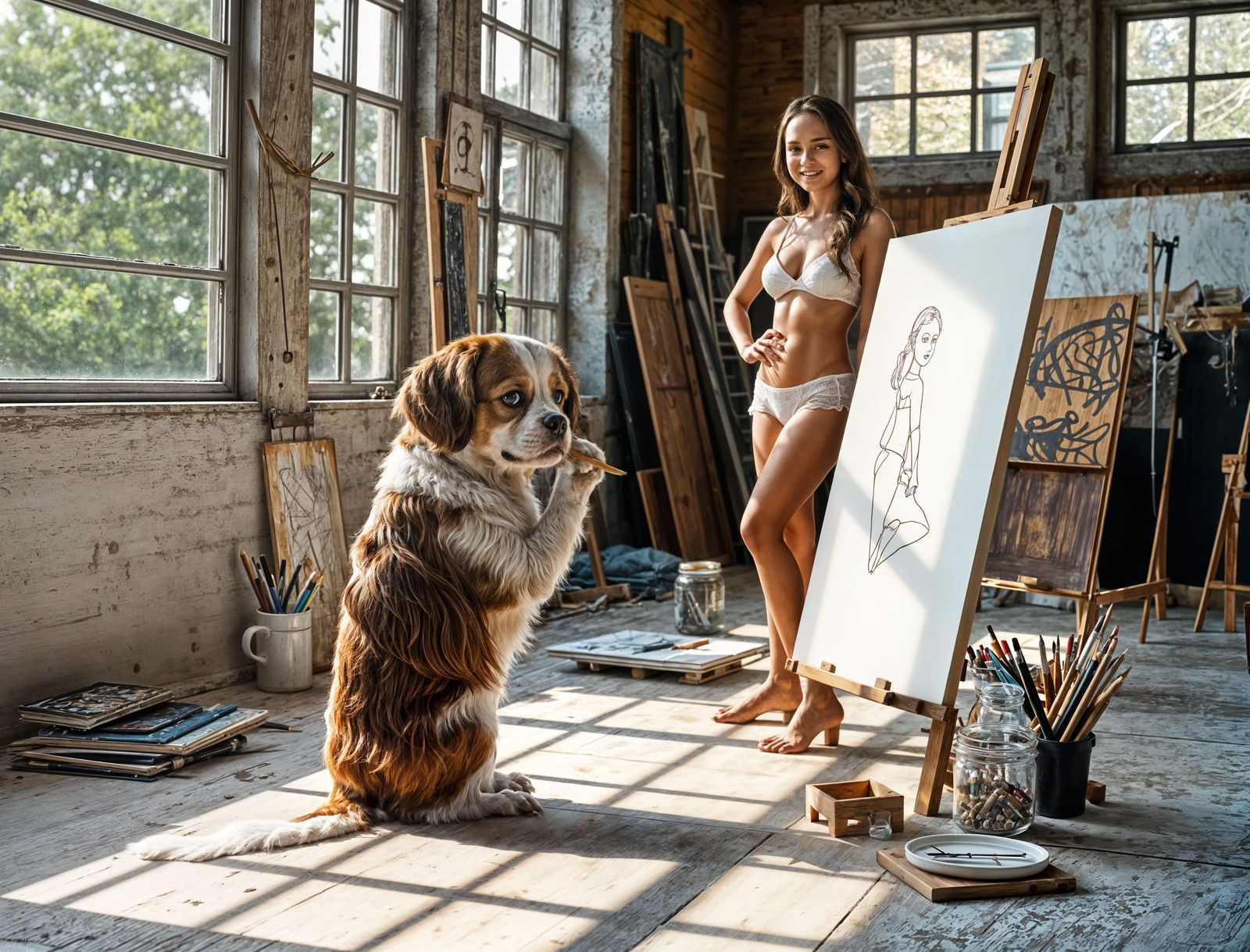 Dog Artist Sketching Model in Sunny Studio