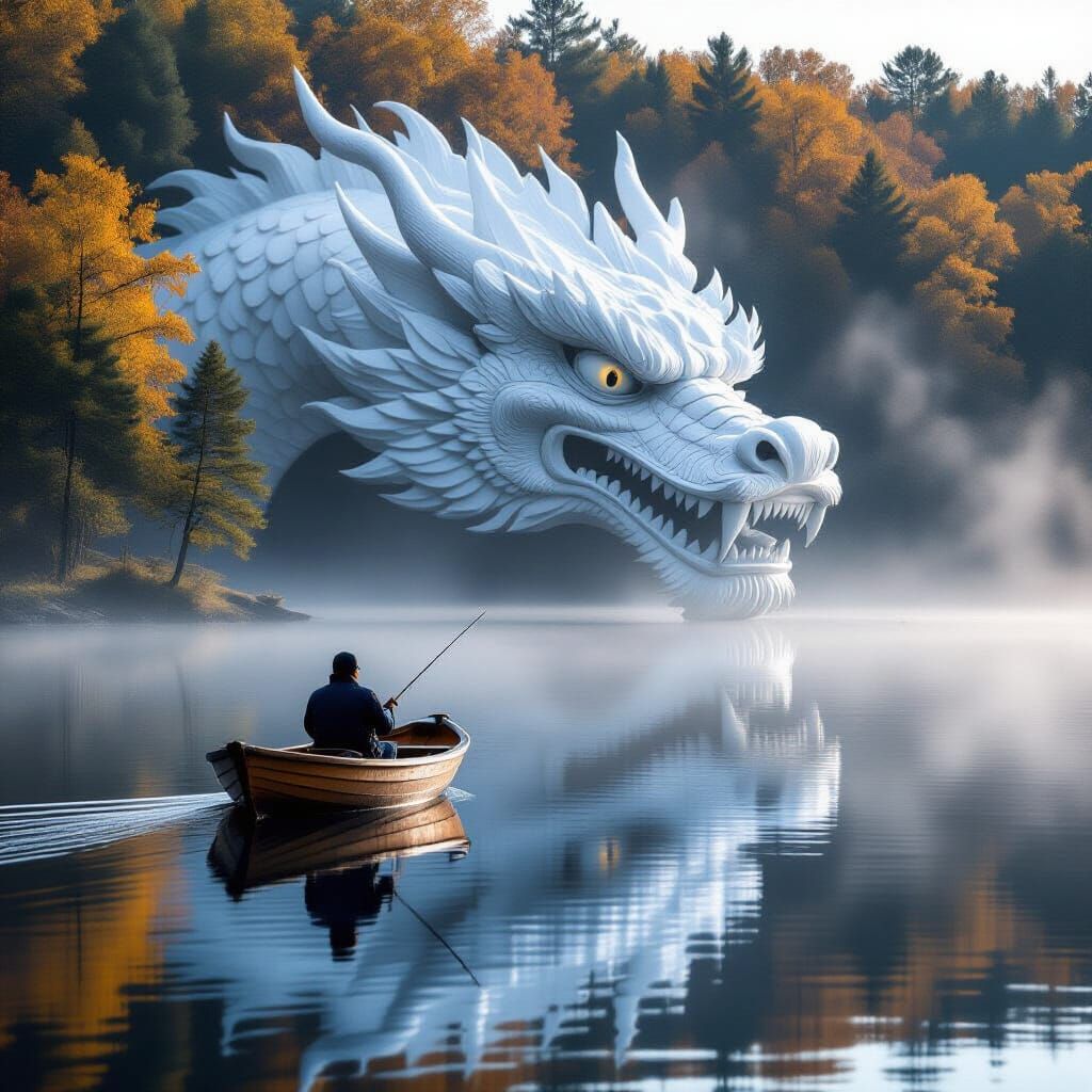 Misty Dawn Lake with Dragon Fog Silhouette