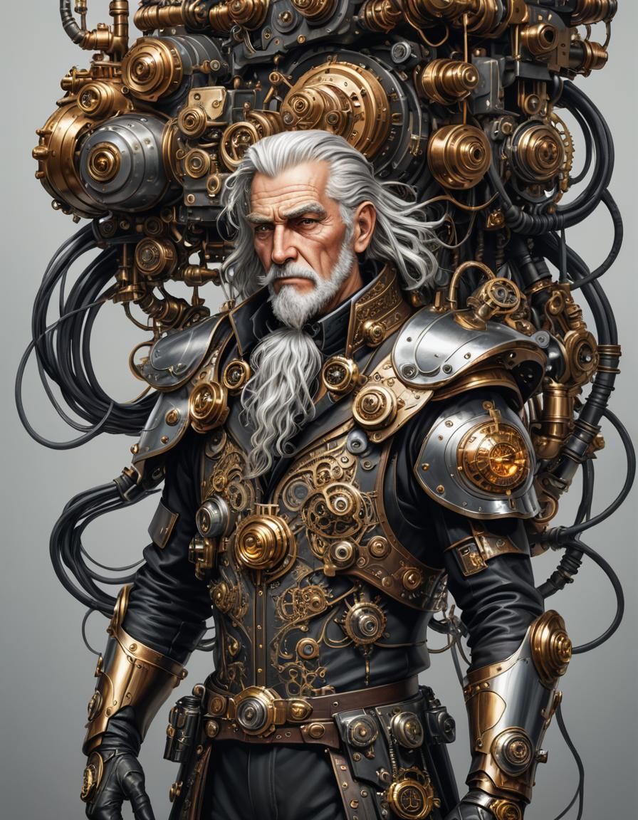 Steampunk Old Man Portrait with Cybernetic Implants