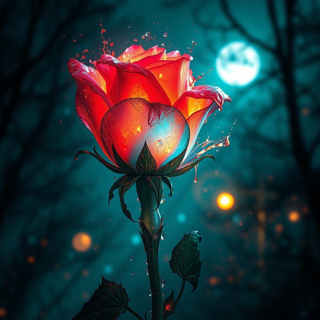 Glowing Glass Rose Illuminated by Moonlight
