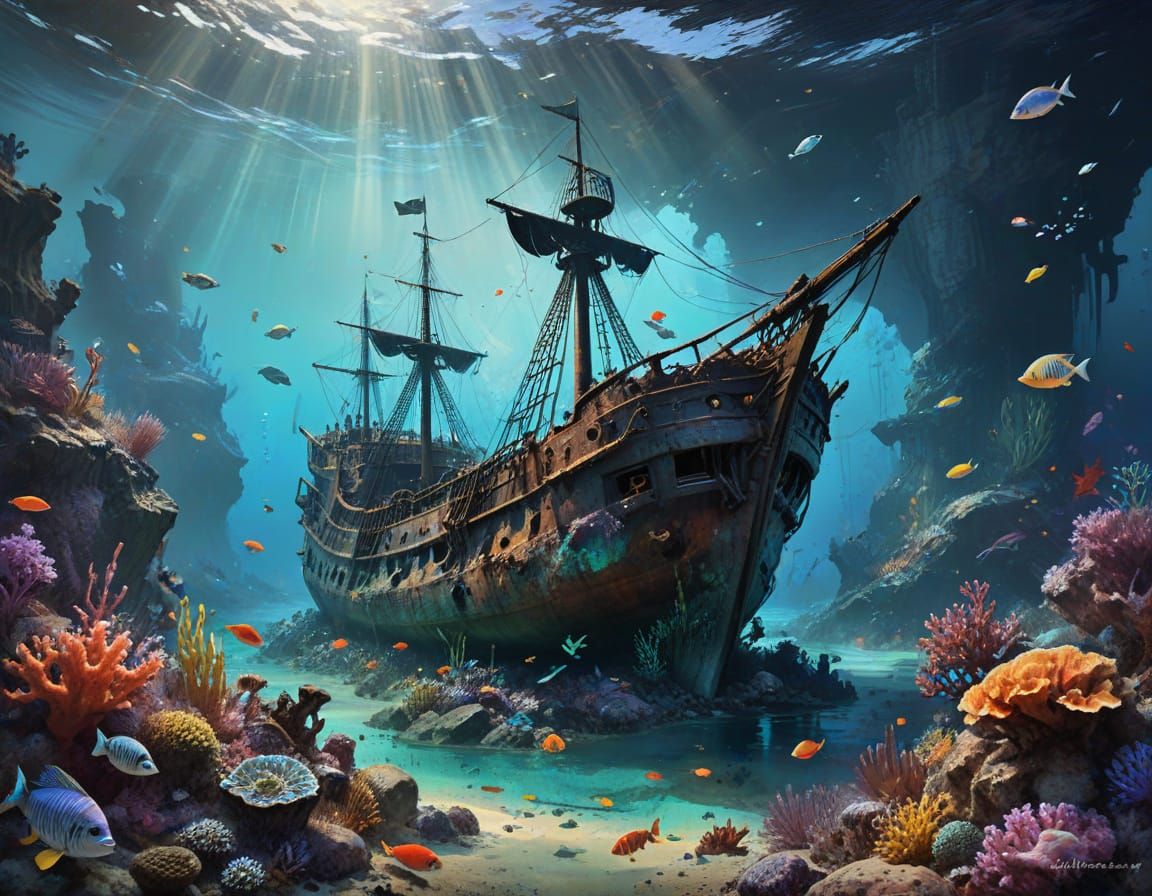 A gritty pirate sunken ship lying  on the ocean floor, surrounded by marine life, coral reef,  under water,   strong and...