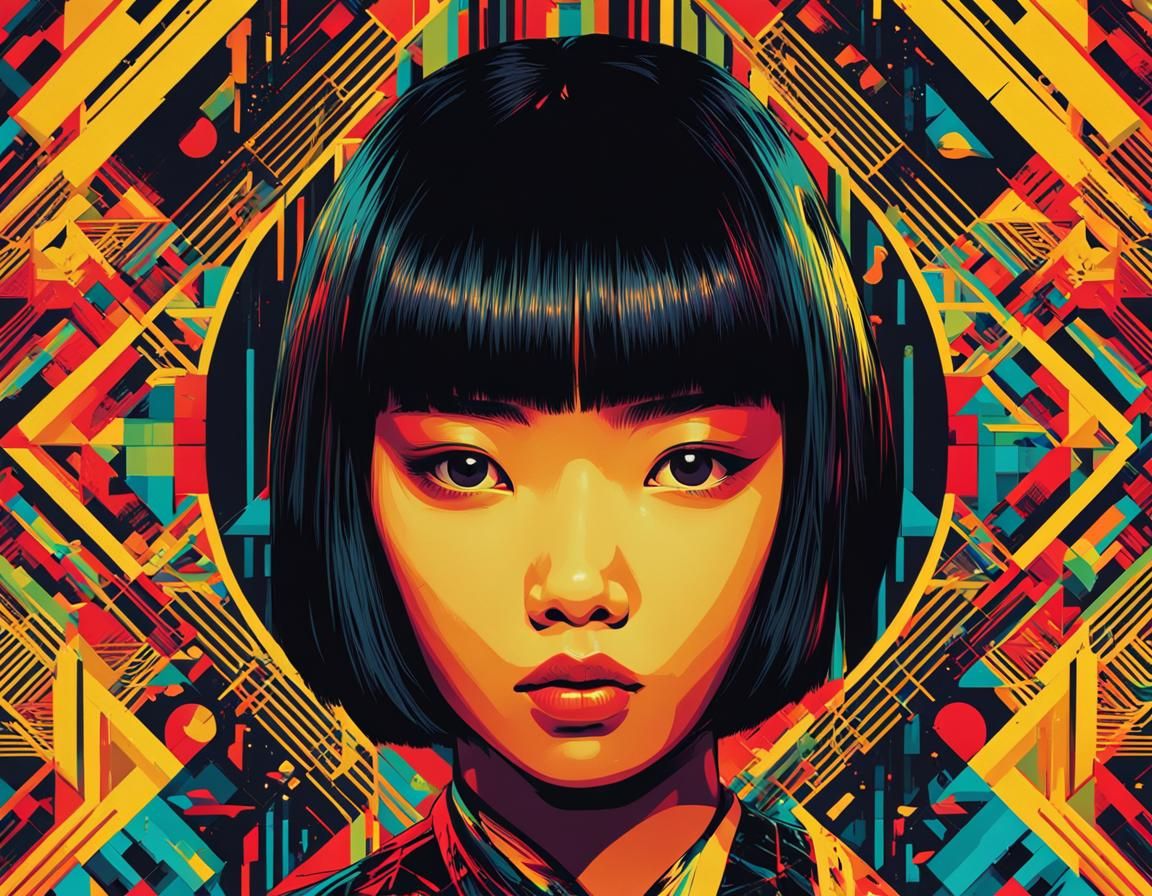 Asian Girl Surrounded by Eyes in Pop Art Style